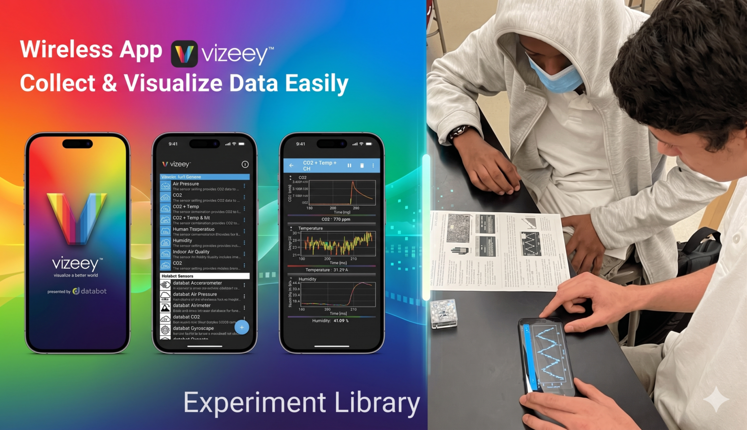 Greeting page showing images of the Vizeey app and students working with it.